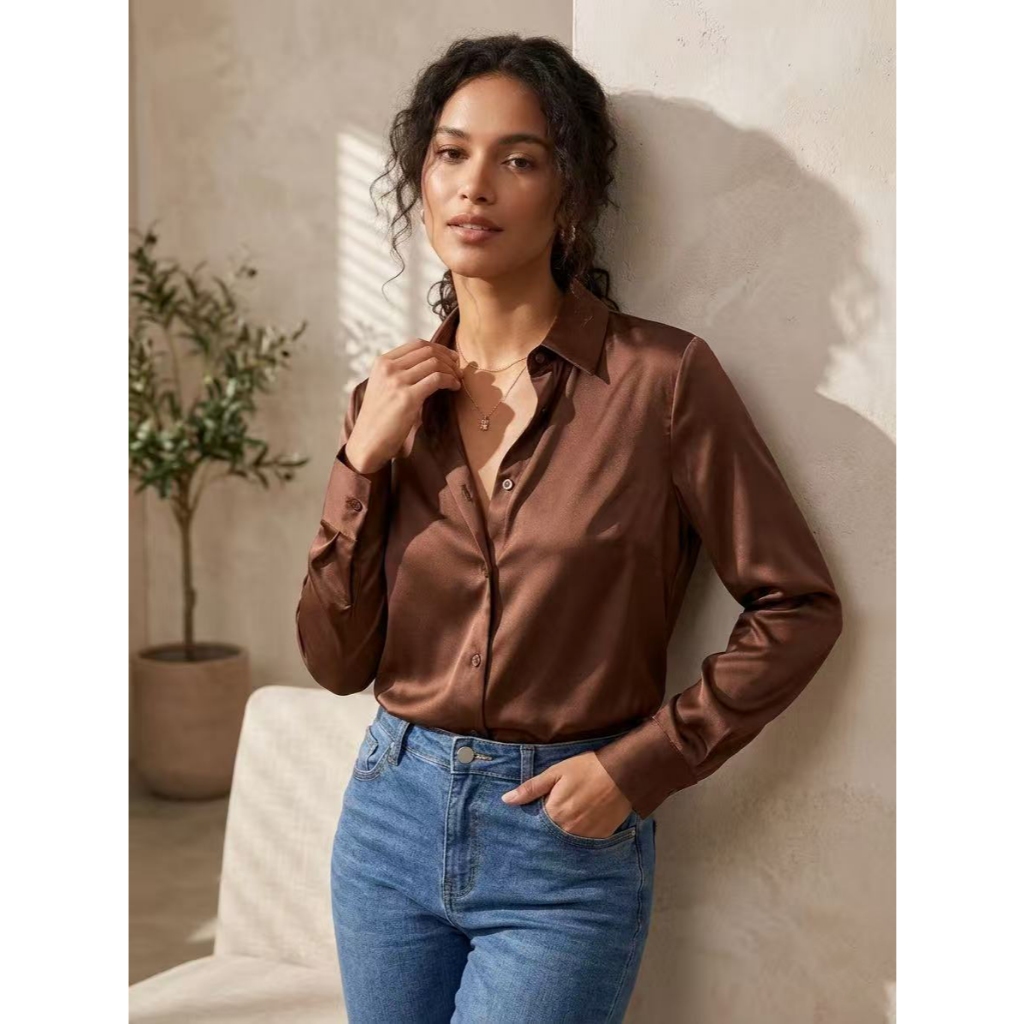 Camisa Feminina Acetinada Azul Marinho Elegante Botões Frontais Manga Longa Social Luxo 36-44