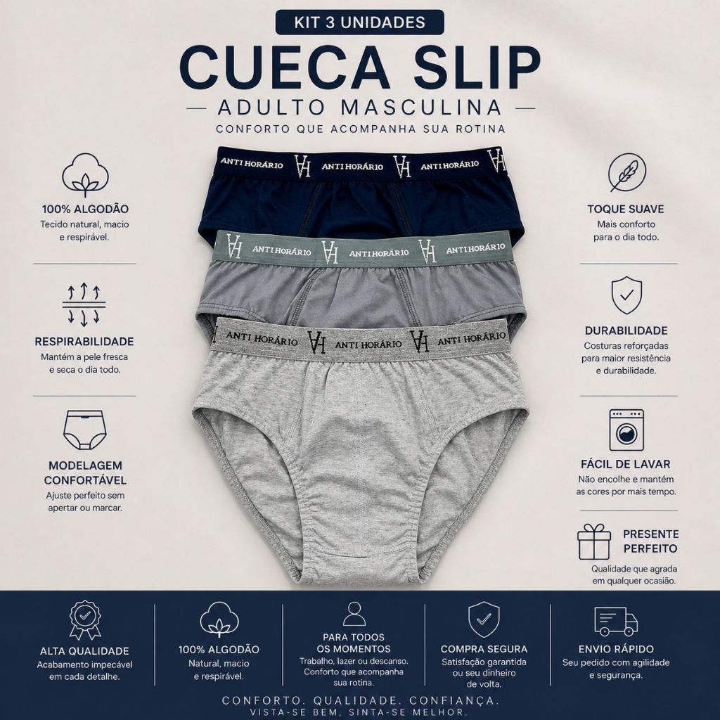 Cueca Masculina Adulto Modelo Slip 100% Algodão - Kit com 3 608-K3
