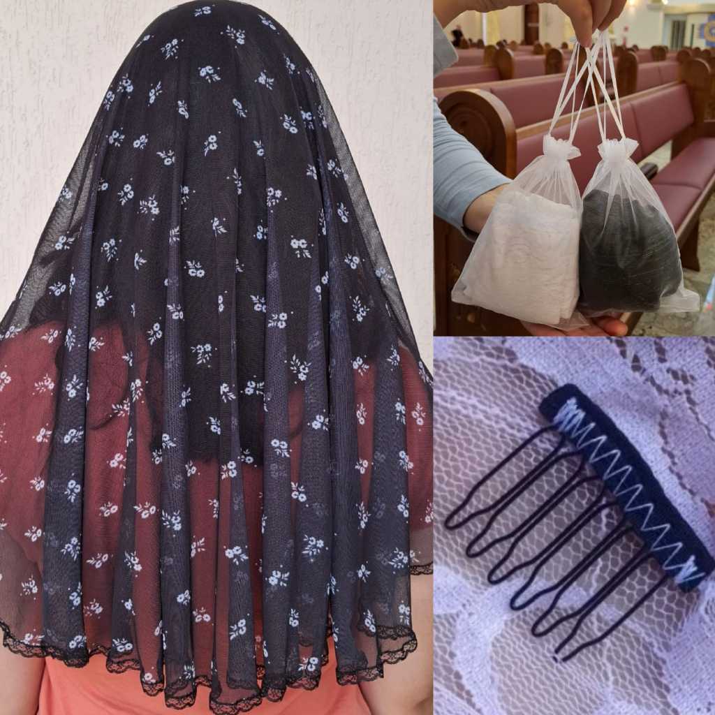 KIT- VÉU CATÓLICO PRETO COM FLORES PARA MISSA + PENTE FIXADOR + PORTA VÉU