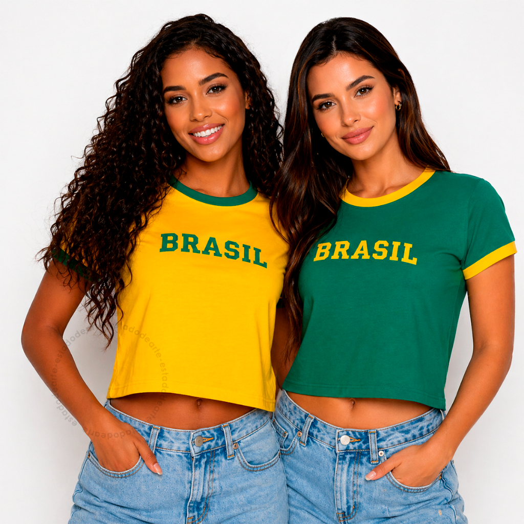 Cropped do Brasil Feminina Copa do Mundo Verde Amarelo Blusa malha viscolycra