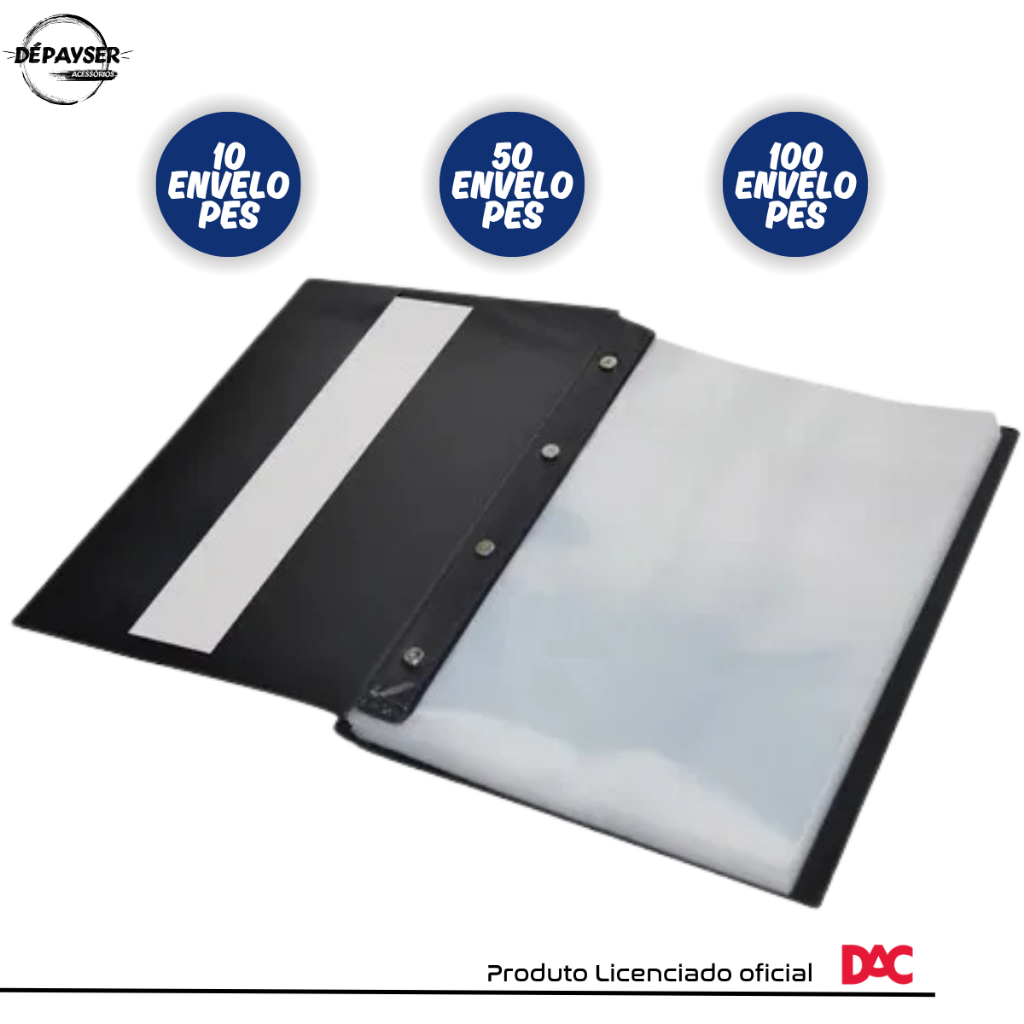 Pasta Catálogo A4 DAC com Visor 10 50 ou 100 Envelopes Plásticos Ofício Porta Documentos