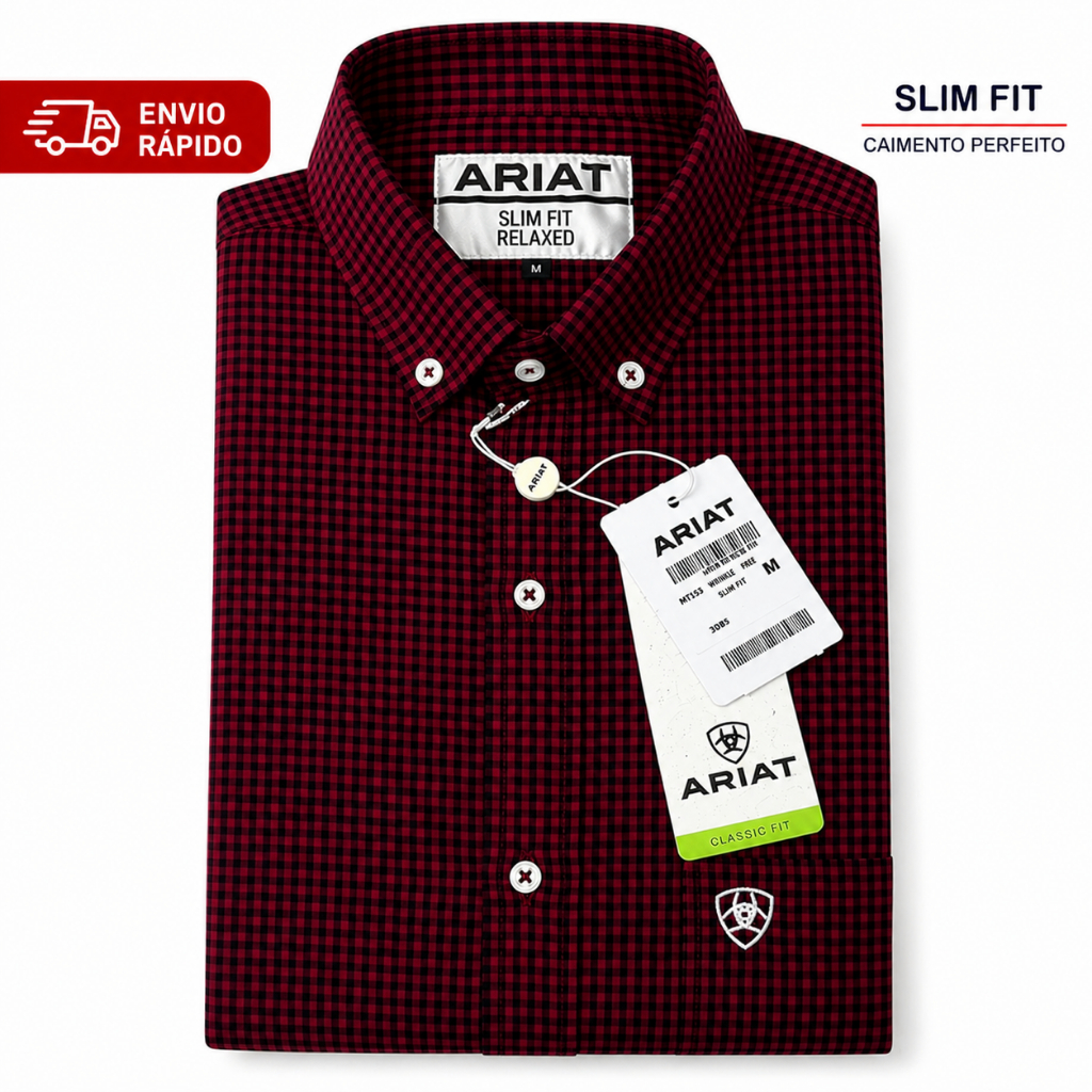 Camisa Country Masculina Xadrez Vermelha Ariat Slim Fit Algodão Premium Cowboy Rodeio Social