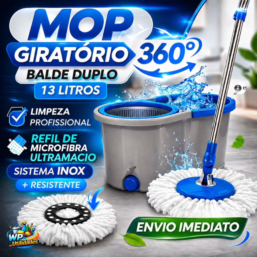 Mop Giratório 13L Balde Duplo com Refil Microfibra Cabo Inox Esfregão Limpeza Sabão Perfume