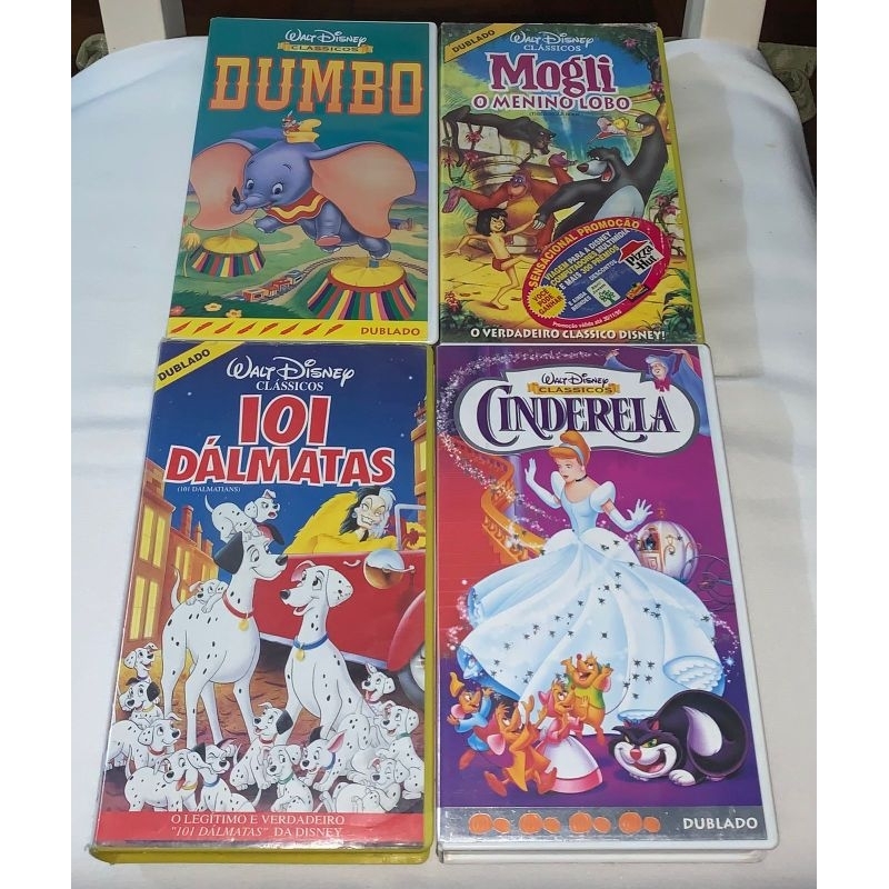 4 Filmes Vhs Disney Clássicos Cinderela Dumbo Mogli 101Dalmatas impecáveis