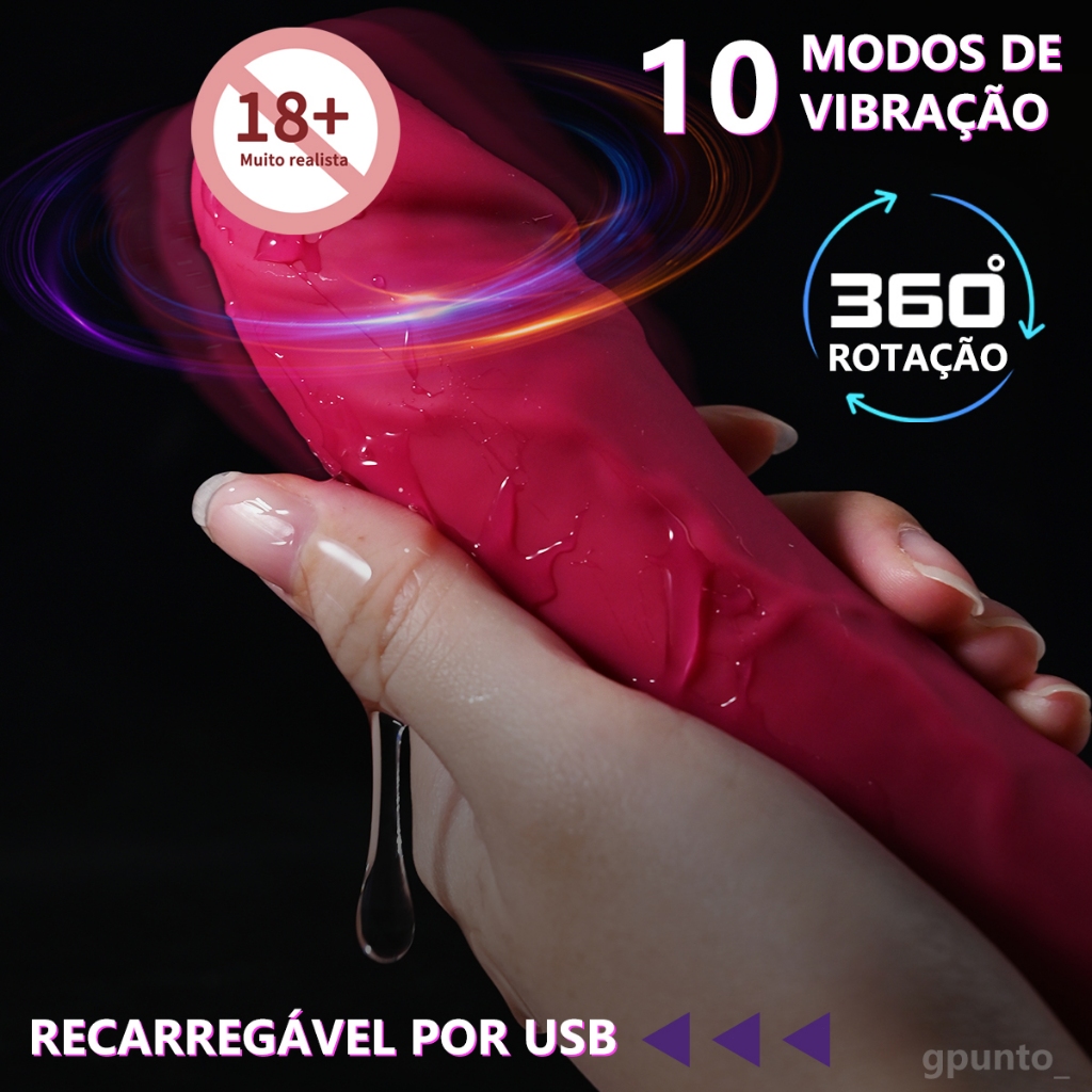 Vibrador Pênis Realista Vermelho com 360° rotação e 10 modos de vibração, masturbador feminino de silicone macio