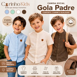Camisa Infantil Masculina Gola Padre Manga Curta 100% Algodão Social Leve Verão Menino 2 a 10 Anos em Oferta na Shopee