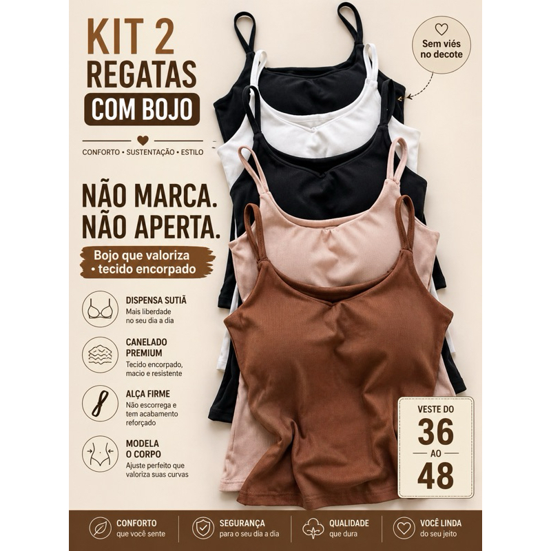 Regata Canelada com Bojo que Modela | Não Marca | Sem Sutiã | Kit 2 Regatas Feminina