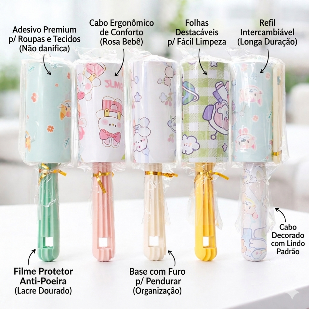 Kit Rolo Tira Pelo Pet Cães Gatos Roupa Sofá Removedor Adesivo Poeira Cabelos 20 Folhas Rolinho