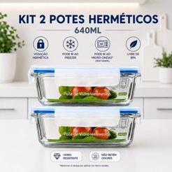 Kit 2 Potes Vidro Hermético 640ml Marmita Armazenamento Mantimento Organizador 4 Travas