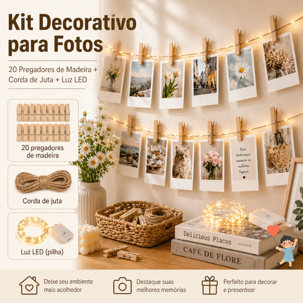 Kit Decorativo para Fotos com Fio de Fada 20 - Pregadores de Madeira + Corda de Juta 2m + LED 2m Decoração de Parede