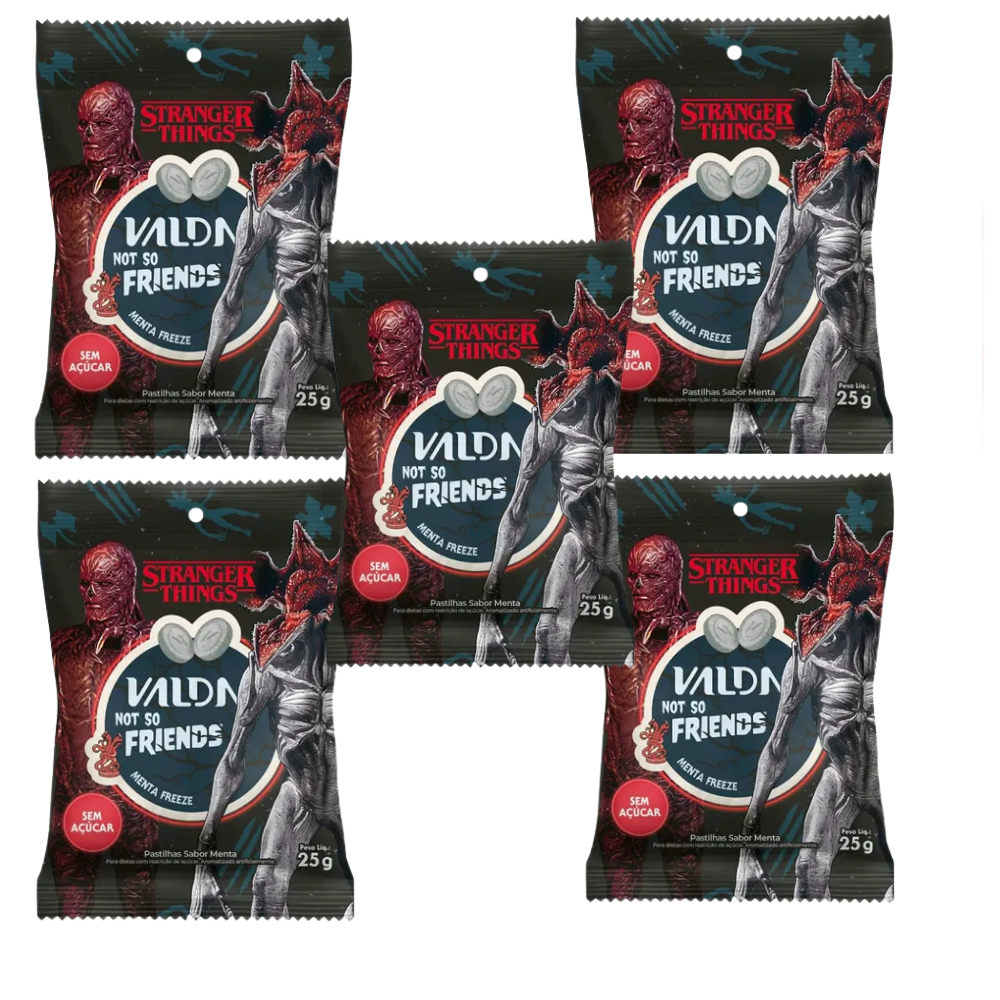 Kit C/5 Pastilhas Valda Stranger Things Friends Sachê Sabor Menta Freeze 25g