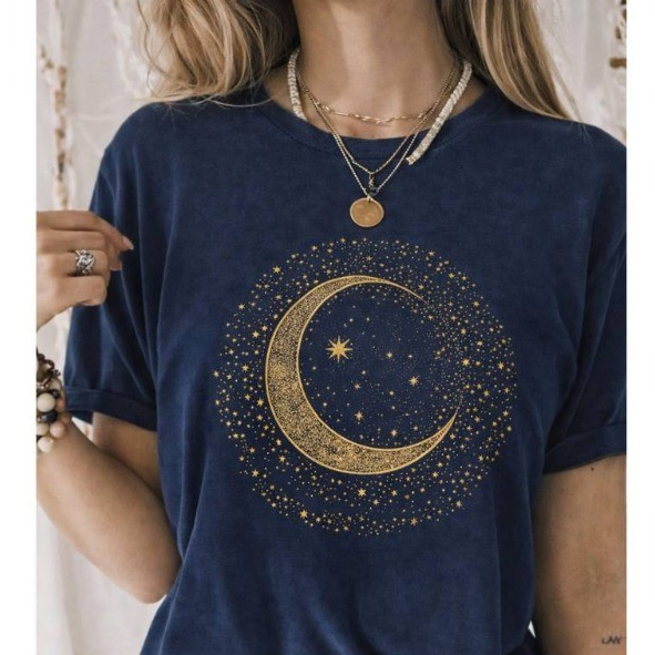 Tshirt Feminina Estilosa Camisa Estampada Círculo Lua Blusa Feminina Roupa Feminina Elegante Lumix