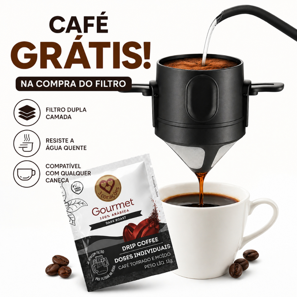 Mini Filtro De Café Chá Coador De Café Reutilizável Portátil Inox + Ganhe Café 3 Corações Gourmet Grátis