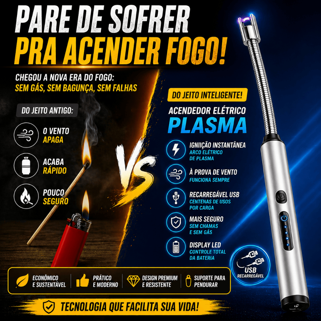 Acendedor Elétrico USB Recarregável Isqueiro Plasma Fogão Churrasqueira Flexível LED Sem Gás