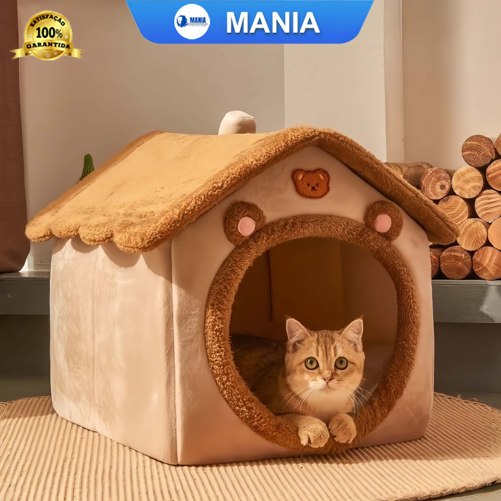 Cama de gato tipo casinha, pelúcia macia, quente e confortável para gatos descansarem