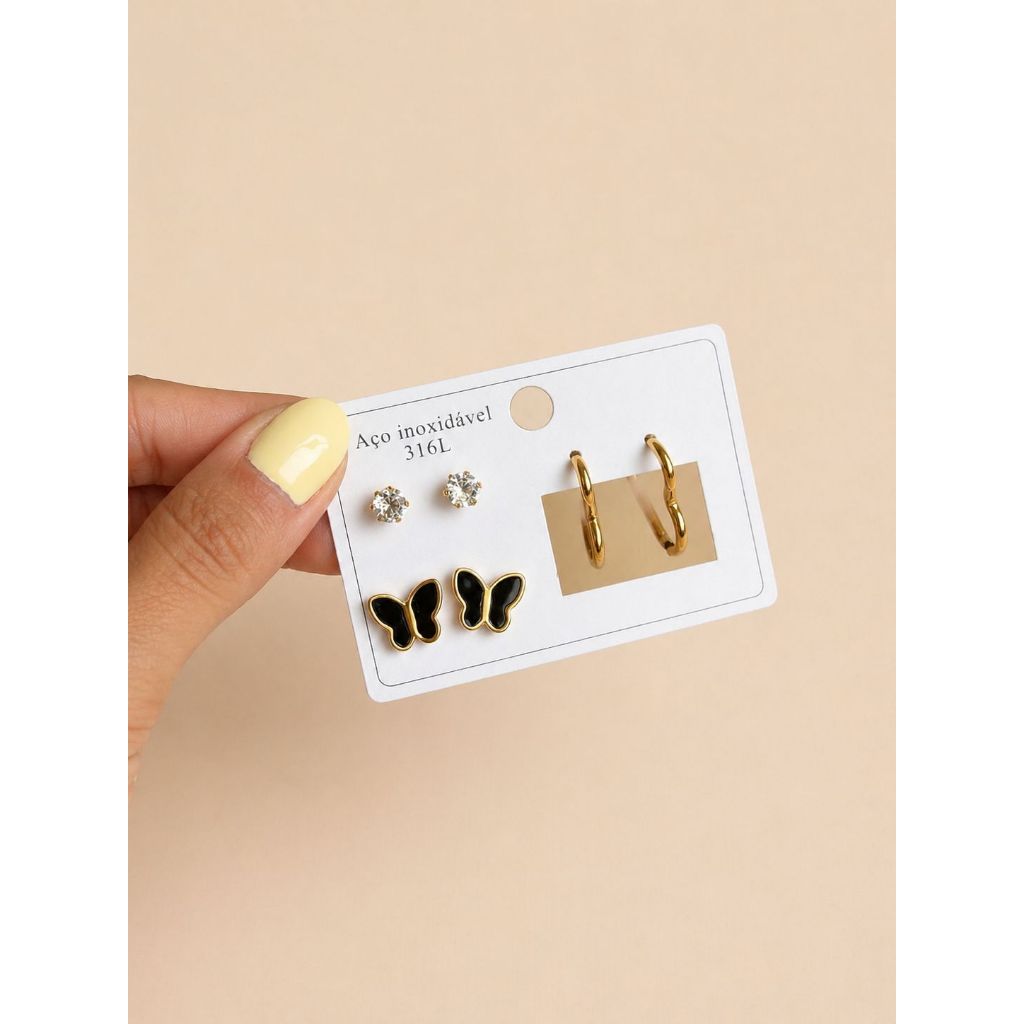 Trio de Brincos em Aço Inoxidável Dourado Borboleta Coração Ponto de Luz Delicado Antialérgico Moda