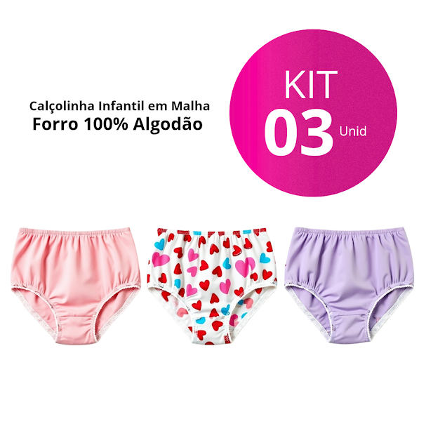 Kit 3 Calcinhas Calçolinha Infantil Menina Sortida Com Estampa E Lisa Conforto