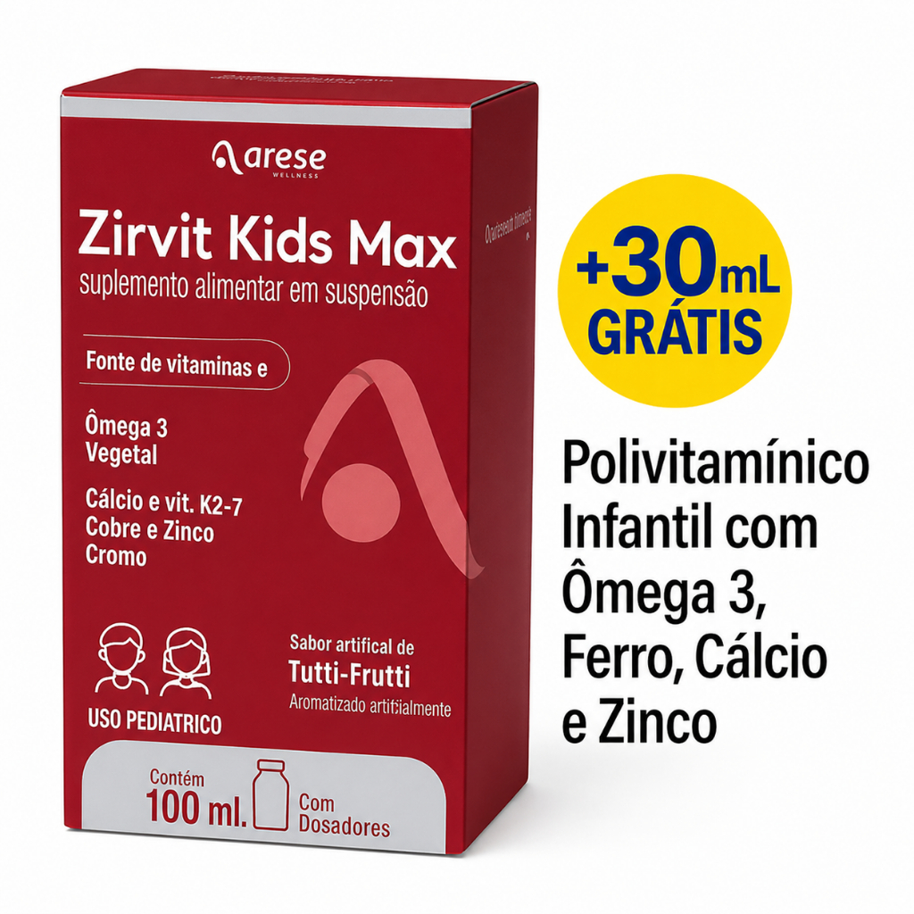 Zirvit Kids Max 100ml + 30ml Grátis | Polivitamínico Infantil c/ Ômega 3, Ferro, Cálcio e Zinco