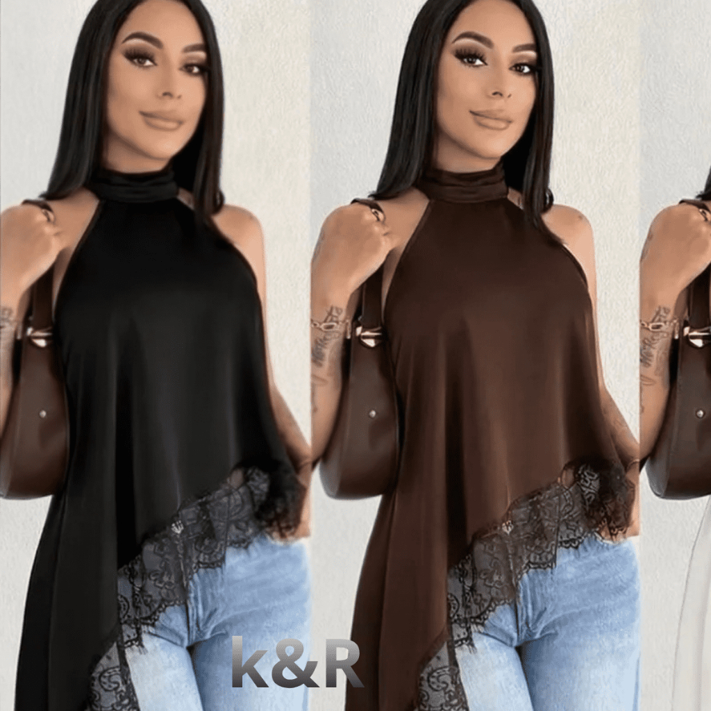 Blusa Feminina Gola Alta Assimétrica Frente Única Com Renda Bata Elegante confortavel Tendência Inverno