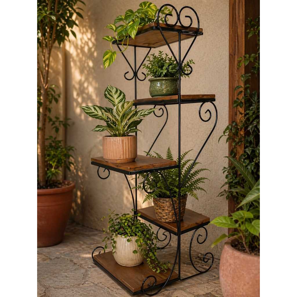 Floreira Estante 5 Andares Ferro E Madeira Rústica Vertical Suporte Para Plantas Decoração Jardim Sala Reforçada Preto