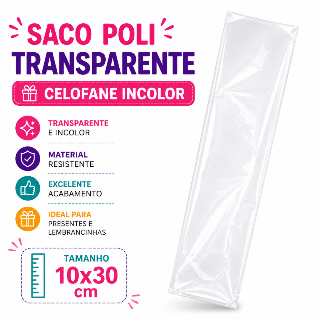Saco Poli Transparente Celofane Incolor 10x30cm Embalagem para Presentes Lembrancinhas Natal Doces