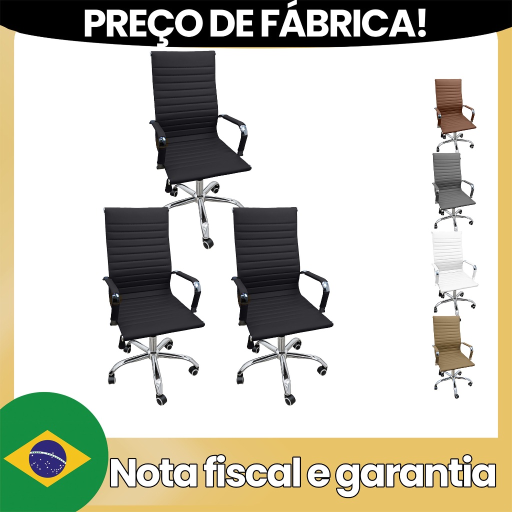 Kit 3 Cadeiras Eames Esteirinha Presidente Alta Estofada Couro