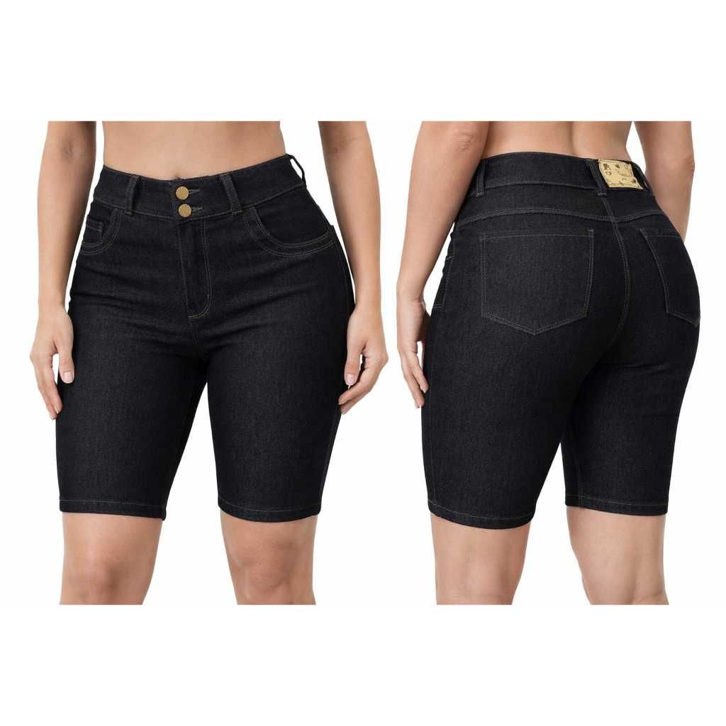 Bermuda Jeans Feminina Cintura Alta Com Elastano Modeladora Stretch Casual Verão Confortável