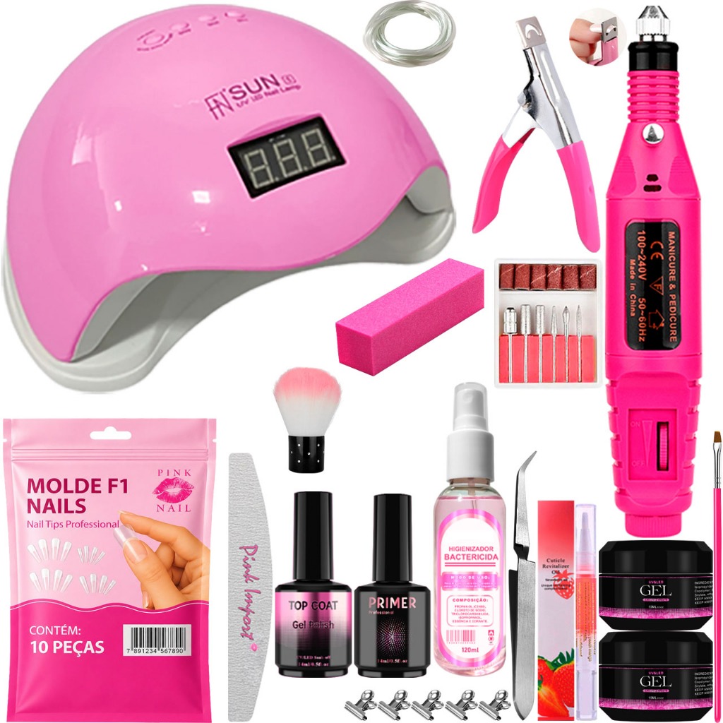 Kit Unhas de Gel Cabine Sun 5 LED UV 48w Digital Lixadeira Elétrica Caneta Tips Acrigel