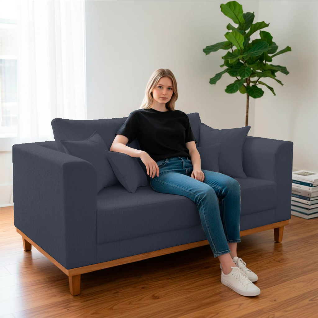 Sofá Sala de Estar 02 Lugares Beny Suede Azul Madeira Estofados