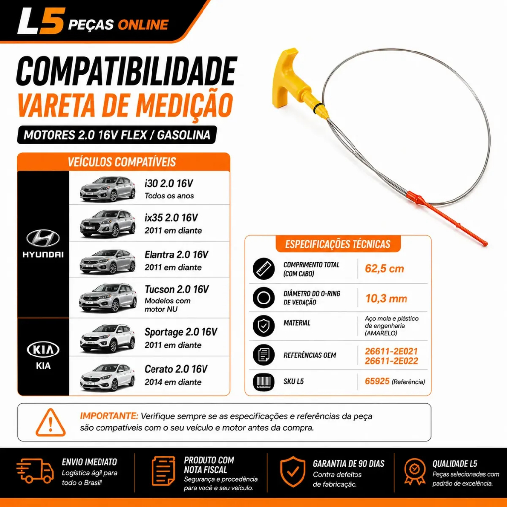Vareta Medir Nível Óleo Kia Sportage Hyundai i30 2.0 16v 2011 A 2025 Vedação 266112E021 Motor Nu