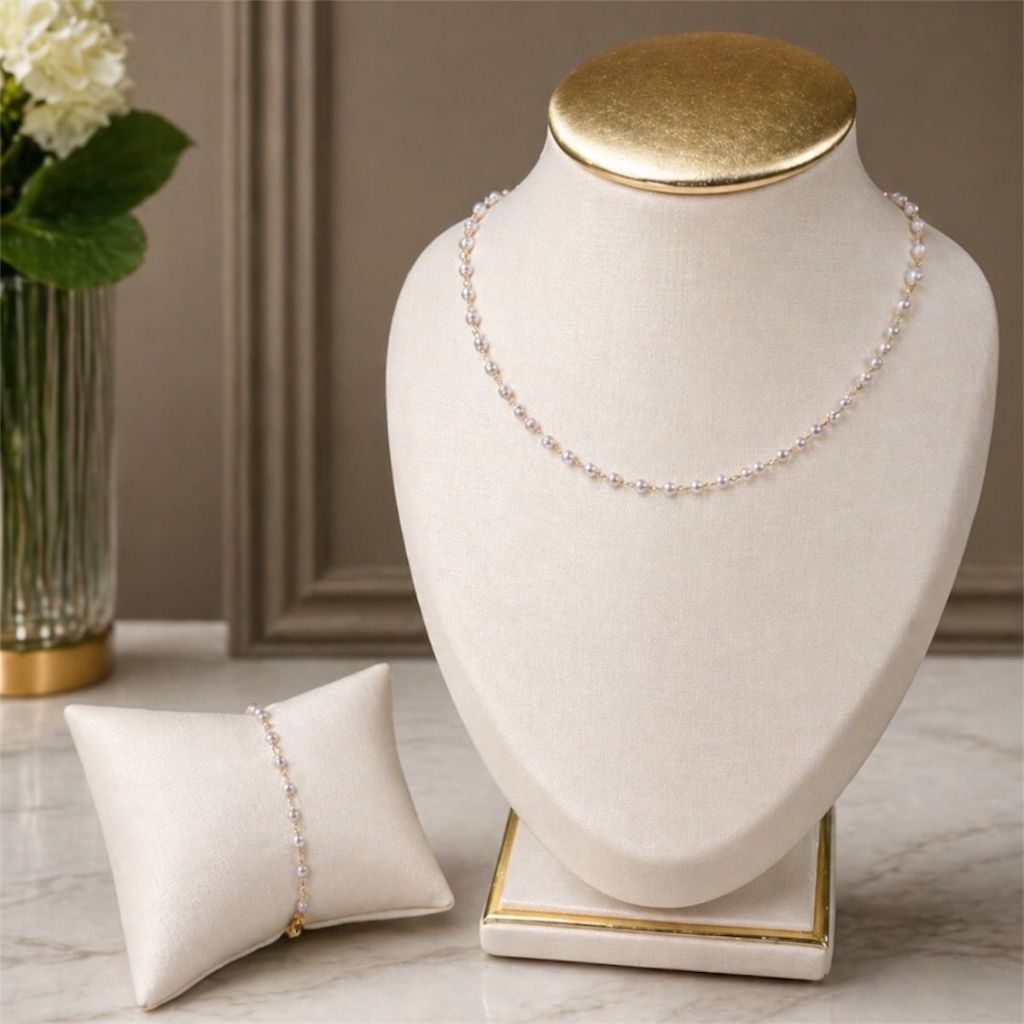 Conjunto Infantil Antialérgico de Pérolas Colar e Pulseira Folheados, kit Infantil Menina Colar ouro