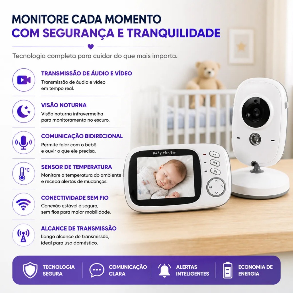 Detalhes do Babá Eletrônica Câmera Sem Fio C/Áudio E Visão Noturna 127/220v Branco