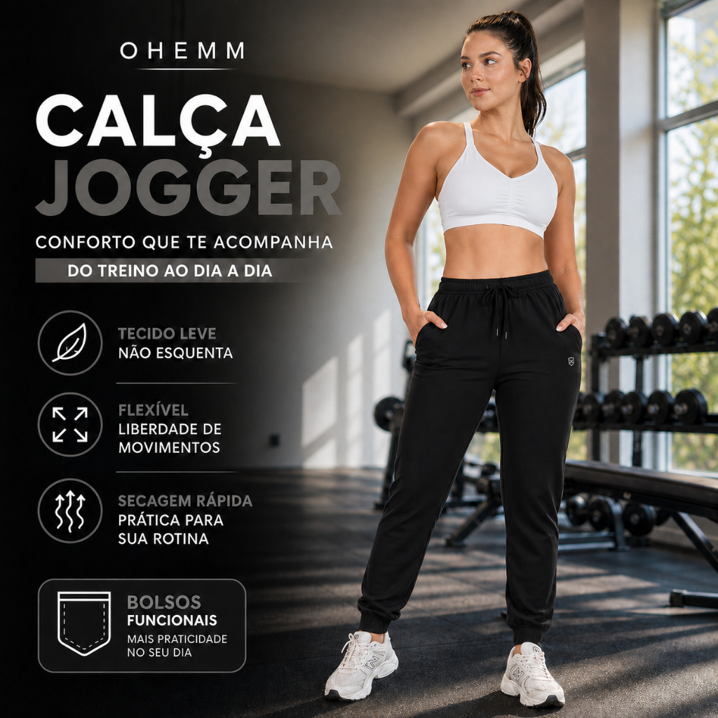 Calça Feminina Jogger Em Tactel Com Elastano Bolsos E Cordão