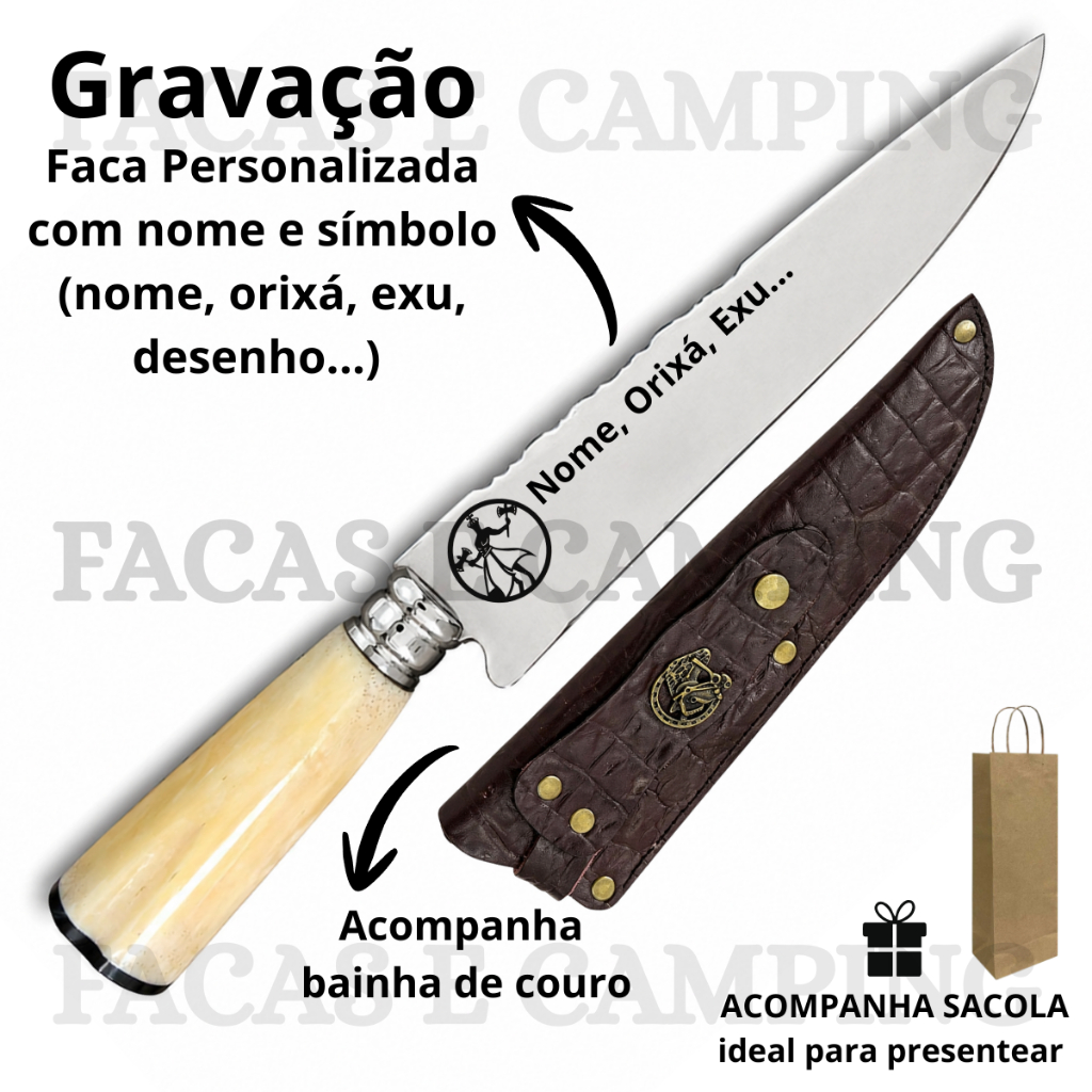 Faca Personalizada  9"Aço Inox Ritualística com Cabo de Osso Modelo Artesanal