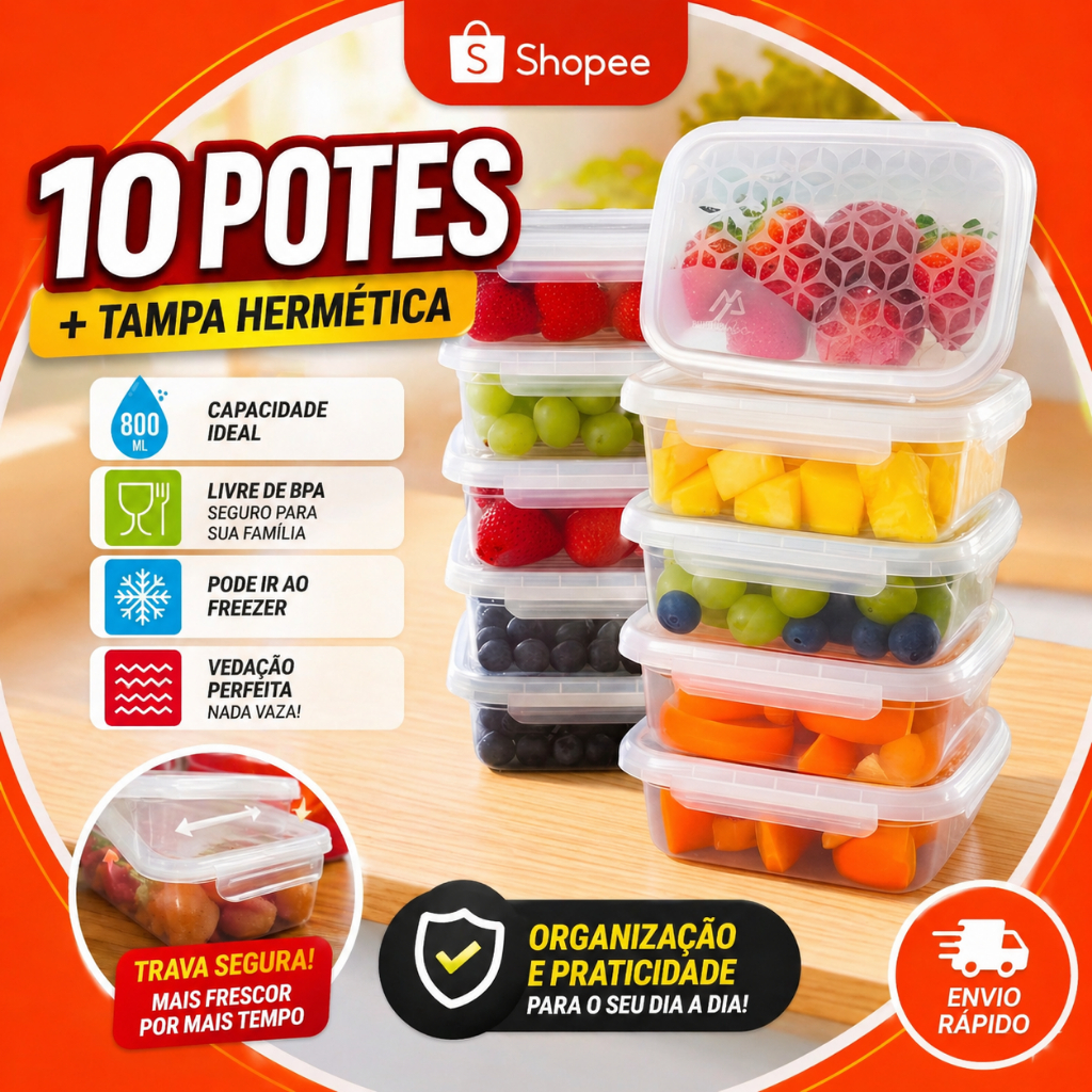 Potes Plásticos com Trava Hermética Kit 10 Peças Livre de BPA Marmita Organização Cozinha 800ml