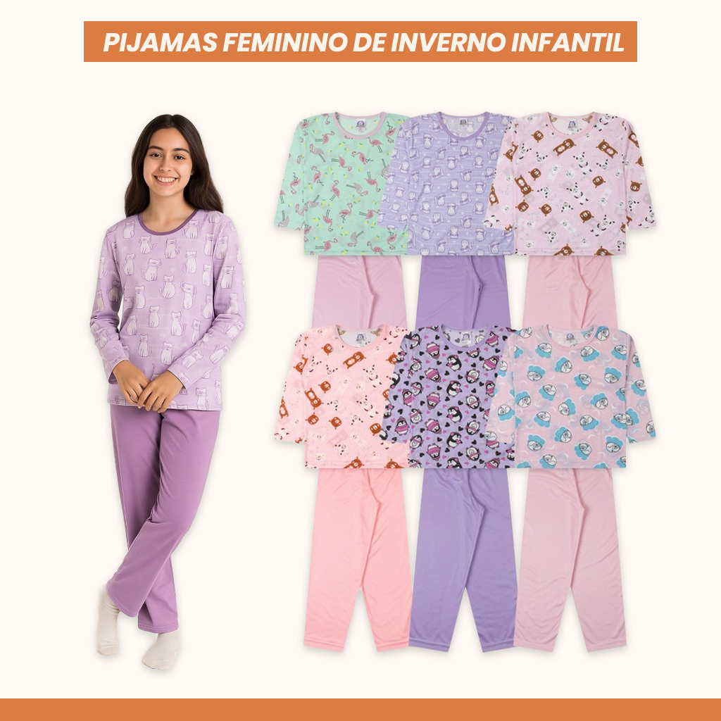 Pijama Infantil Menina Roupa de Dormi Inverno Confortável Comprido Conjunto Completo