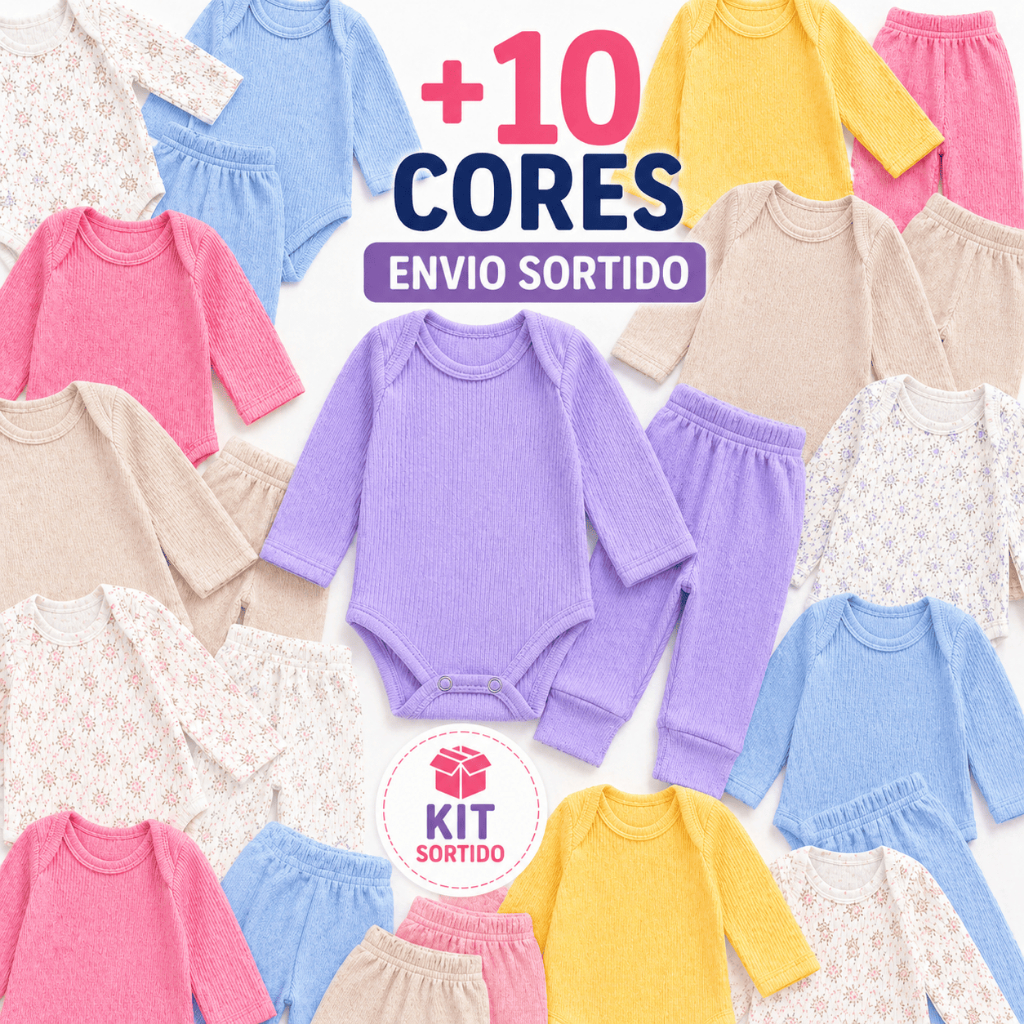 Kit 6 Peças Body Manga Longa Bebê Feminino e Masculino com Calça Conforto Diário