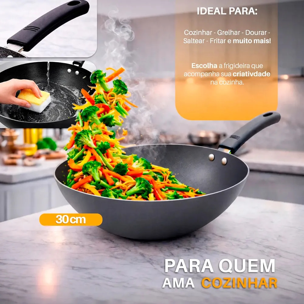 Imagem Panela Frigideira Profissional Wok Fogão E Indução 3,5L, 30,5cm Dolce Home