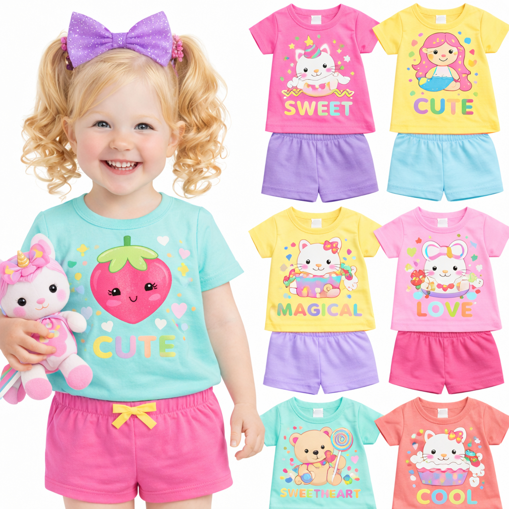 Kit Sortido 2 ou 4 Peças Roupa Infantil Bebê Menina Verão Conjunto de Verão Feminino Infantil Bebê Manga Curta