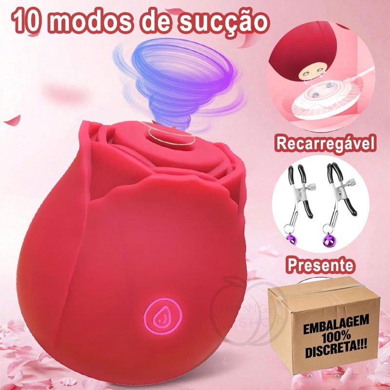 Vibrador Sugador de Clitóris Rosa Flor Recarregável - 10 Modos de Sucção, Ultra Silencioso e Discreto - Sex Shop