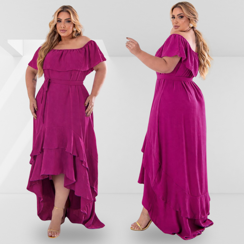 Vestido Plus Size Longo Mullet Ciganinha Moda Maior Cauda de Peixe Ombro a Ombro Curto na Frente Longo Atrás Evangélico