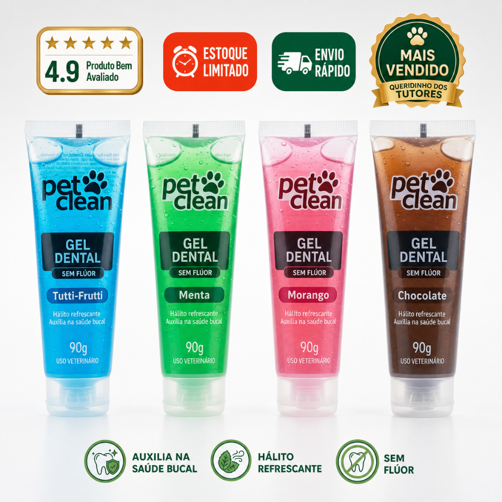 Gel Dental Pet Clean 90g Hálito Refrescante Sabor Morango, Tutti Frutti, Menta ou Chocolate