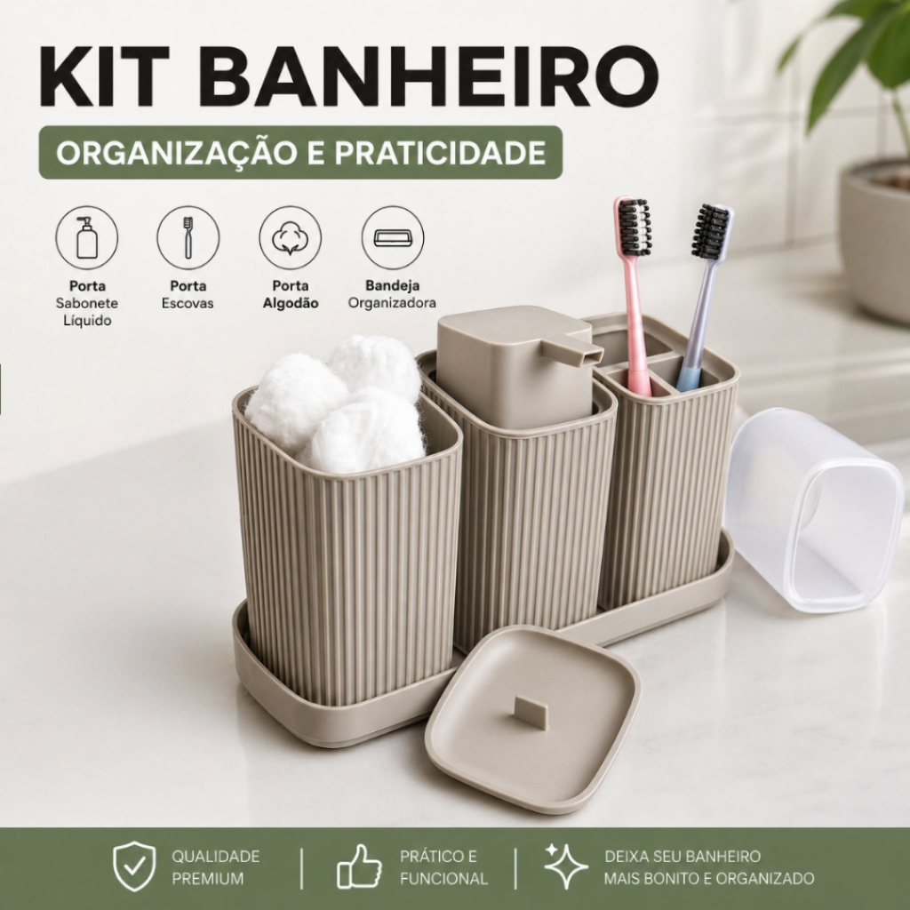 Kit Banheiro 4 Peças Porta Escova Dental Sabonete Líquido Algodão Cotonete Kit Trio