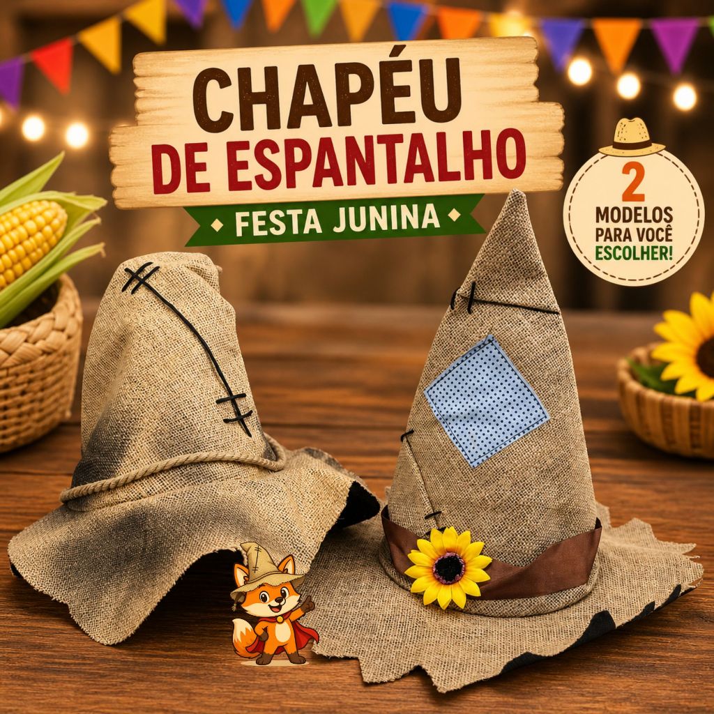 Chapéu de Espantalho Decorado para Fantasia de Festa Junina Julina Arraiá Decoração Juta - 2 Modelos