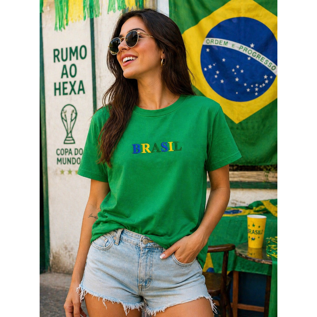 Camiseta Seleção Brasileira Verde Copa 2026 Bordado Time 100% Algodão Feminina