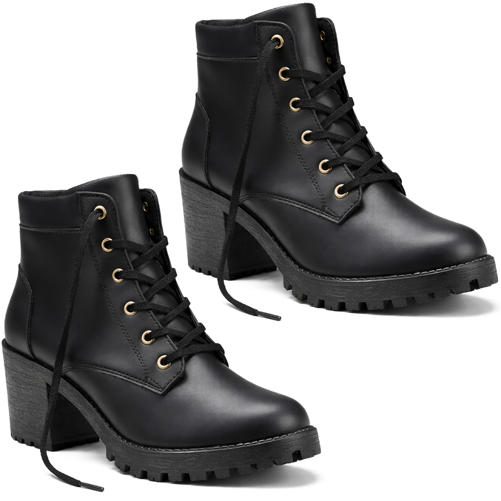 Kit 2 Bota Feminina Blogueira Legítimo Coturno Cano Curto Salto Baixo Grosso Plataforma Bloco