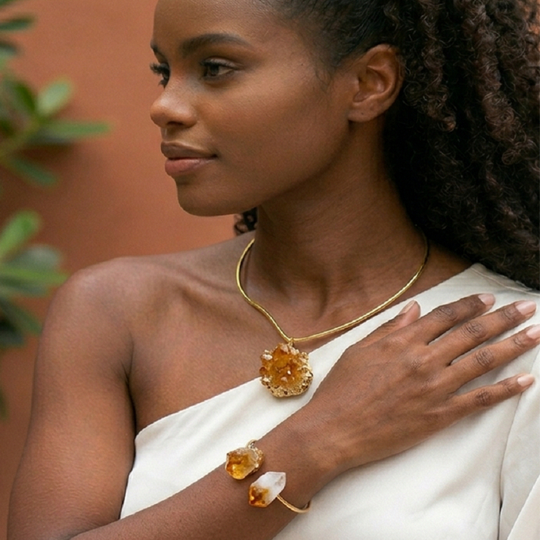 Kit Saúde Choker e Pulseira Pedra Citrino, Conjunto Feminino Elegante Colar Energia p/ se Destacar