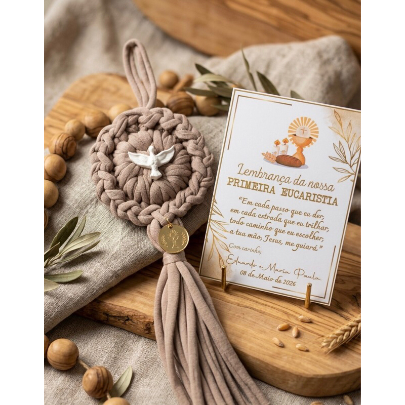 Kit 2 Lembrancinhas Batizado Primeira Eucaristia Crisma Mandala Divino Crochê + Cartão Personalizado