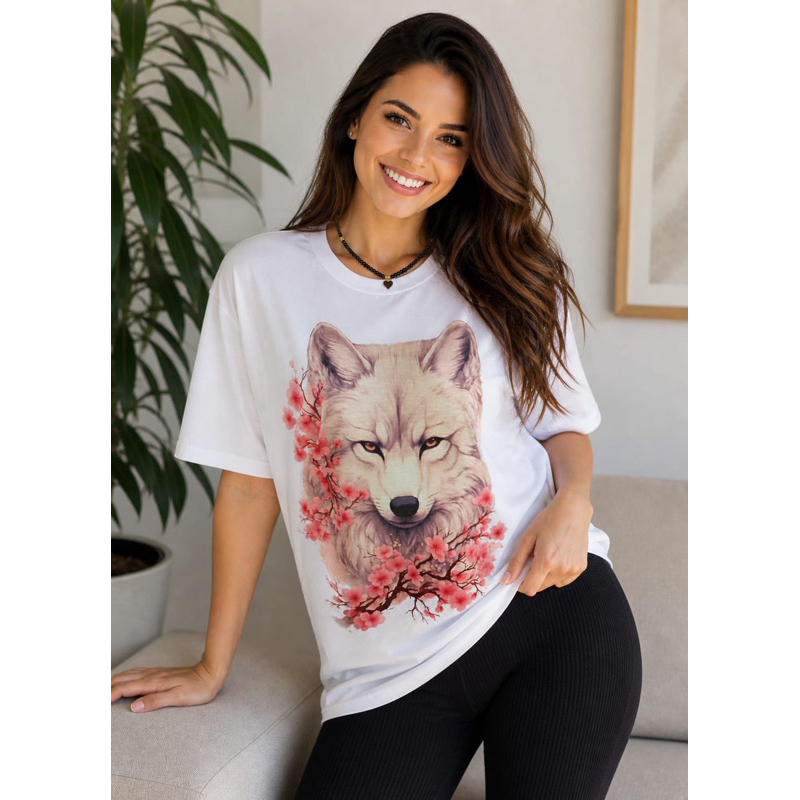 T-Shirt Feminina Loba Mística Floral - Blusa Estampa Cerejeira Poliéster Premium