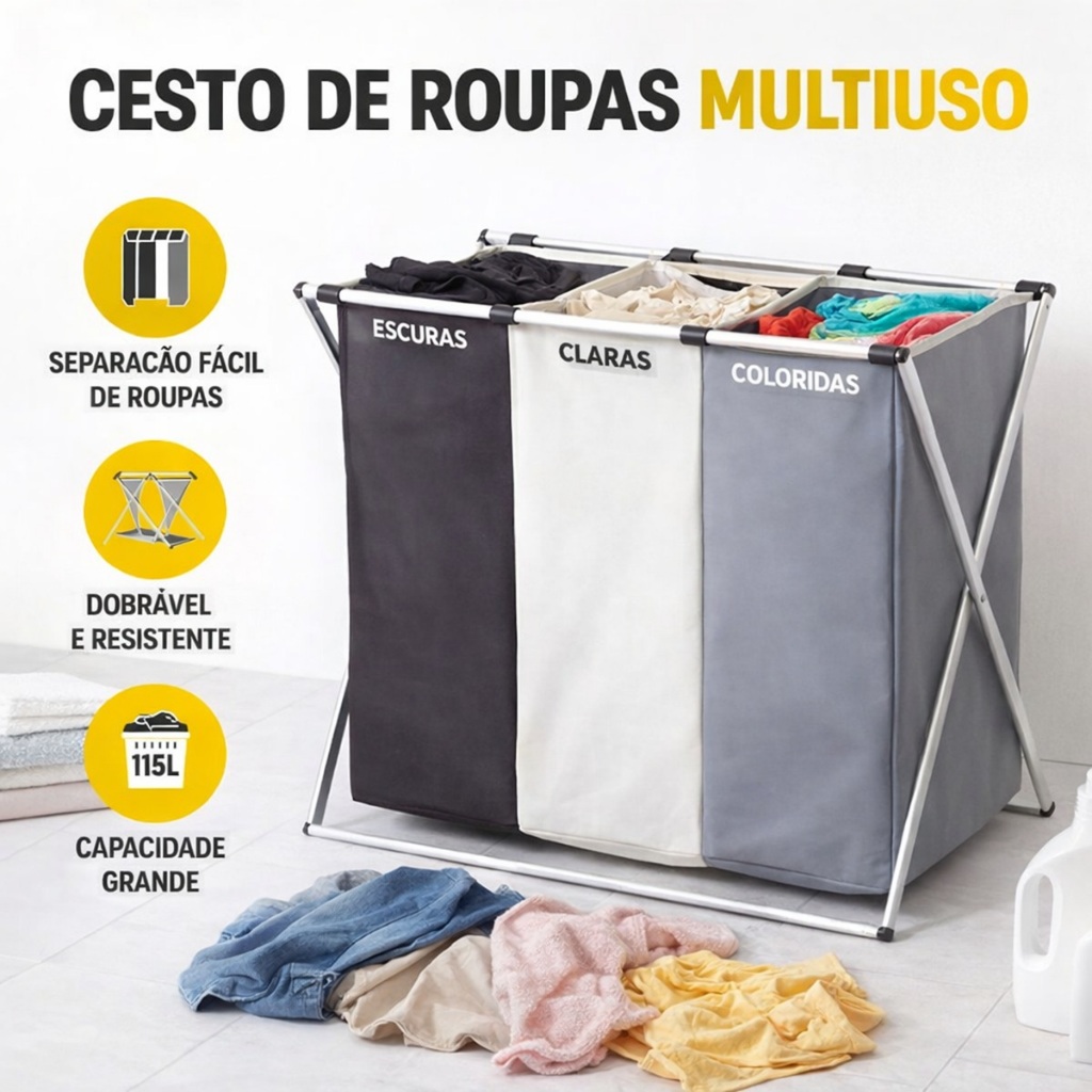 Cesto Roupas 3 Compartimentos Lavanderia Banheiro Organização Roupas Sujas Separador Grande